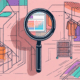 A magnifying glass hovering over a digital representation of a webshop