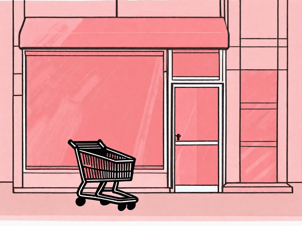 A deserted online store with closed shutters and a shopping cart abandoned in the foreground