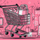 A bustling online store represented by a shopping cart filled with various products